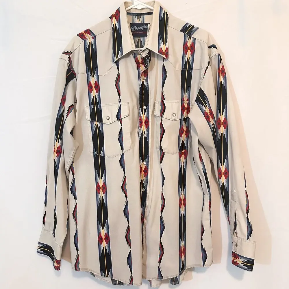 VINTAGE WRANGLER 90s White Southwestern Button Up Shirt Sz. L - Picture 2 of 4